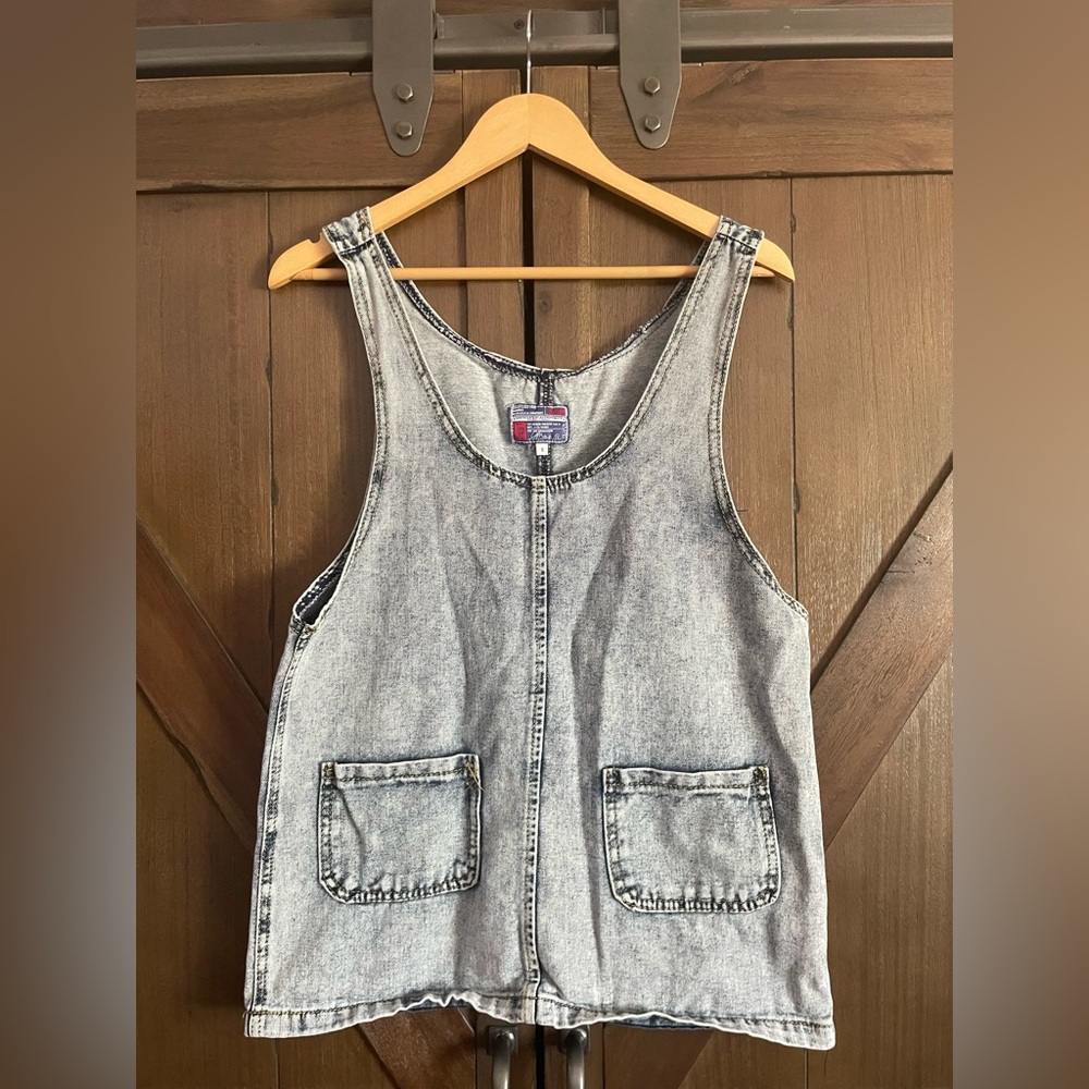 Women’s Vintage Y2K Denim Sleeveless Overall Dungaree Mini Dress with Pockets